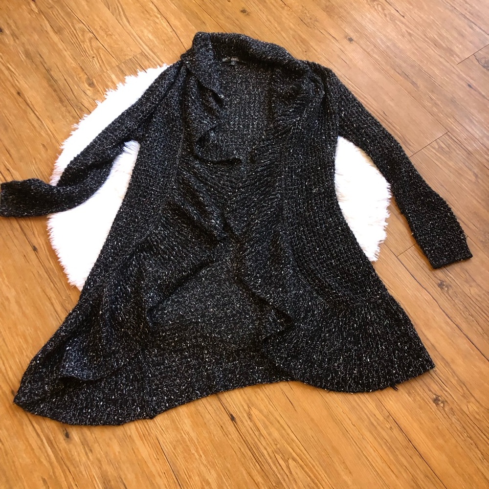 Black and White Ruffle Open Front Sweater Cardigan